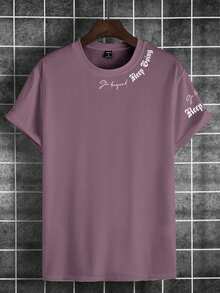 Manfinity Roughcore Men's Letter Print Round Neck Short Sleeve Casual T-Shirt - Purple - View 3
