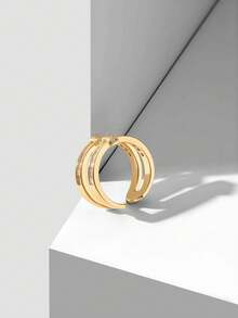 MOTF PREMIUM Anillo de diseño de viento frío con incrustaciones, anillo abierto doble personalizado con forma de herradura para mujeres - Dorado - Ver 6