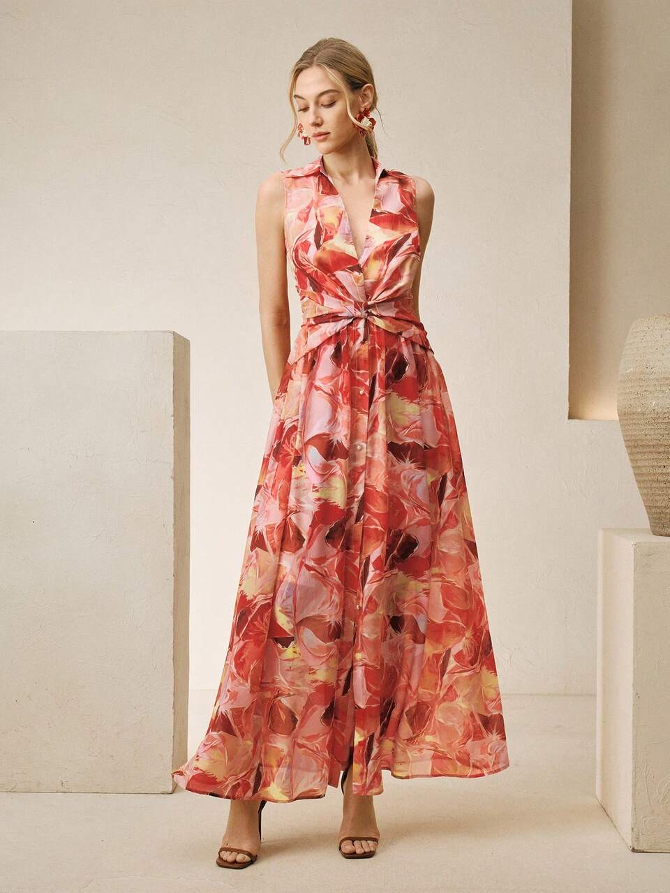 Anewsta New Summer Women's V-Neck Sleeveless Waist Cinched Long Floral Print Dress, Slimming Fashionable Chic Vacation Style