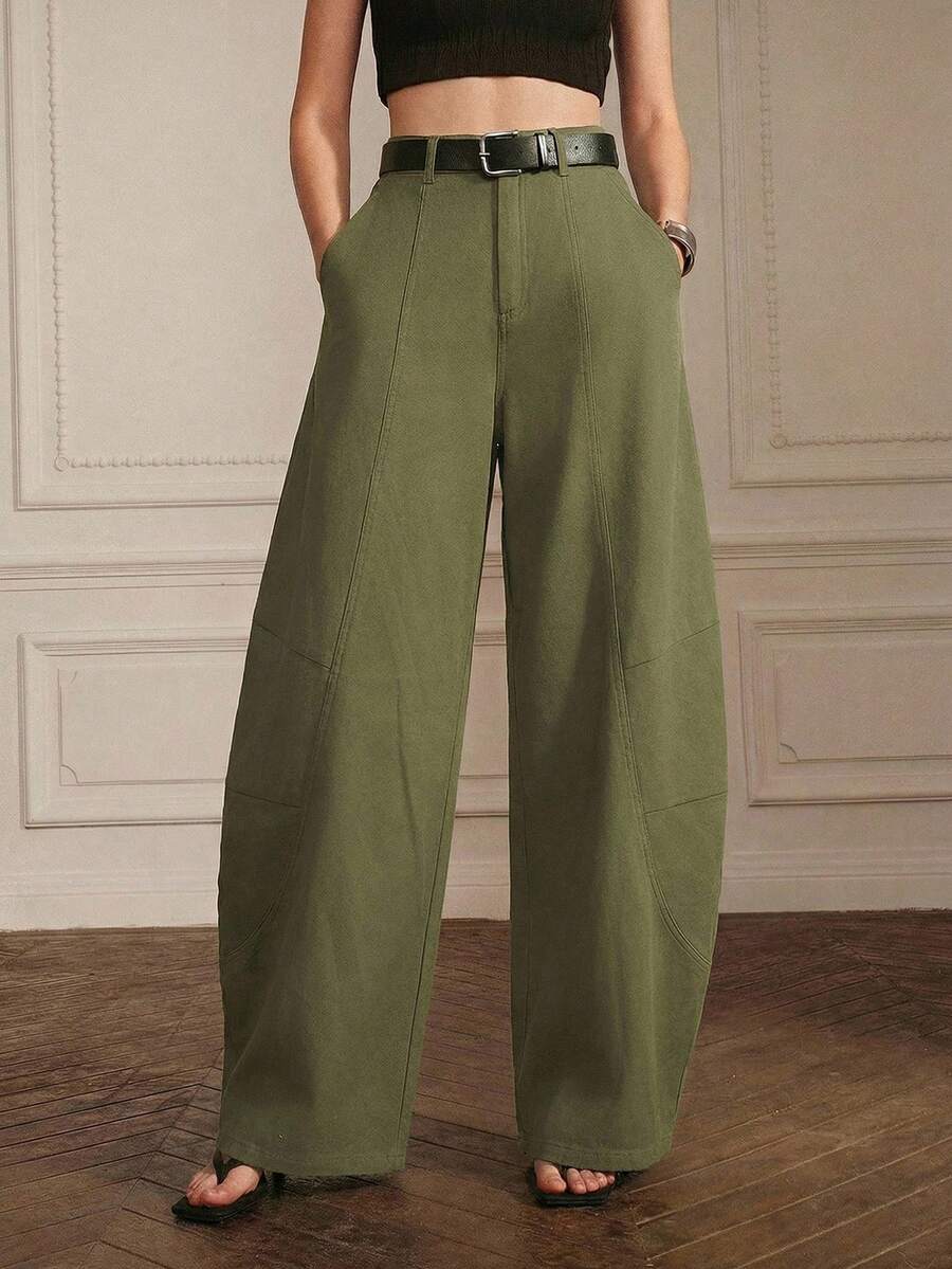 Anewsta Military Green Wide Leg Loose Casual Pants - Army Green - View 1