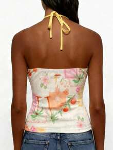 Glimmora Women's Floral Print Color Block Spaghetti Strap Backless Camisole - White - View 2