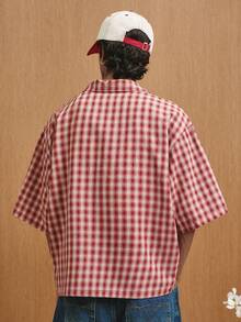 TOKVUE 男士提花格子短袖衬衫 - 紅色 - 查看 2