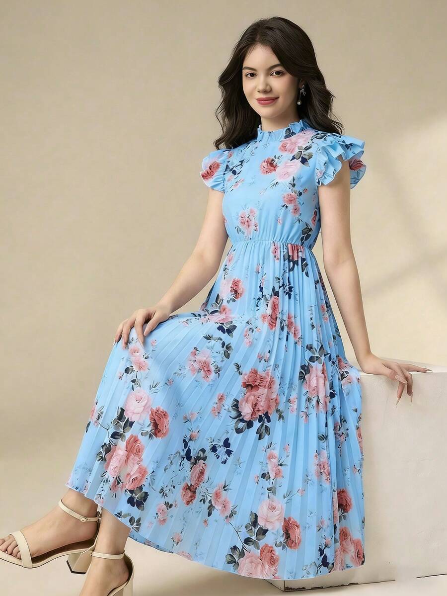 SHEIN Teen Girl Ruffled Collar Double-Layer Cap Sleeve Printed Pleated Hem Dress - Blue - View 1