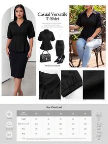SHEIN PETITE CURVE Plus Size Petite Women's Solid Color Minimalist Stylish Office Wear Short Sleeve Blouse, Spring/Summer - Black - View 2