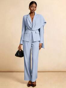 Vesra French Atmosphere Plunging Neckline Design Brown Suit Jacket & Pants Classy Set - Blue - View 5