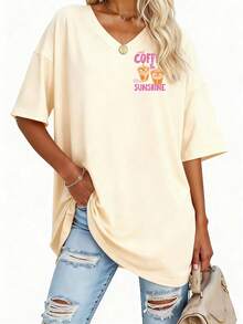 EMERY ROSE Plus Size Women's Plus Size V-Neck Casual Loose T-Shirt With Dropped Shoulders, Summer - Apricot - View 3