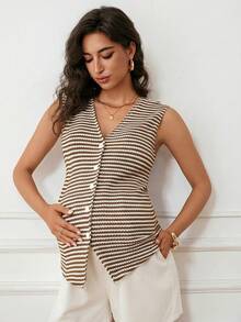 MaterniWear Áo bầu cổ chữ V kẻ sọc, cài một hàng cúc, kiểu dáng giản dị, đa năng, thích hợp mặc hàng ngày. - Cà phê nâu - Xem 3