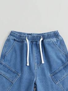 Toddler Tween Boy Washed Denim Cargo Pocket Loose Wide Leg Casual Shorts, Blue - Medium Wash - View 5