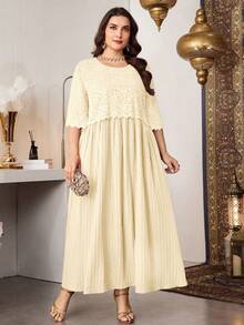 Vestido formal elegante de encaje con parches, cuello redondo, color borgoña para mujeres de talla - Albaricoque - Ver 6