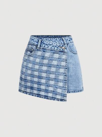 SHEIN MOD Women's Summer Casual Plaid Patchwork Wrap Denim Shorts