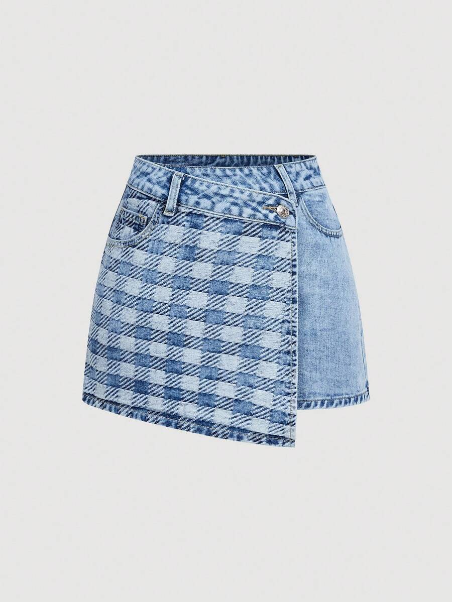 Sweetra Women's Summer Casual Plaid Patchwork Wrap Denim Shorts - Blue - View 1