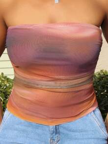 Steph T 女士休闲夏季背心扎染褶饰露肩短款上衣白色上衣外出上衣夏季衬衫 - 彩色 - 查看 5