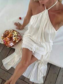SHEIN BAE Vestido de verano elegante de unicolor para mujer, con escote halter sin espalda, parte delantera corta y parte trasera larga - Albaricoque - Ver 1