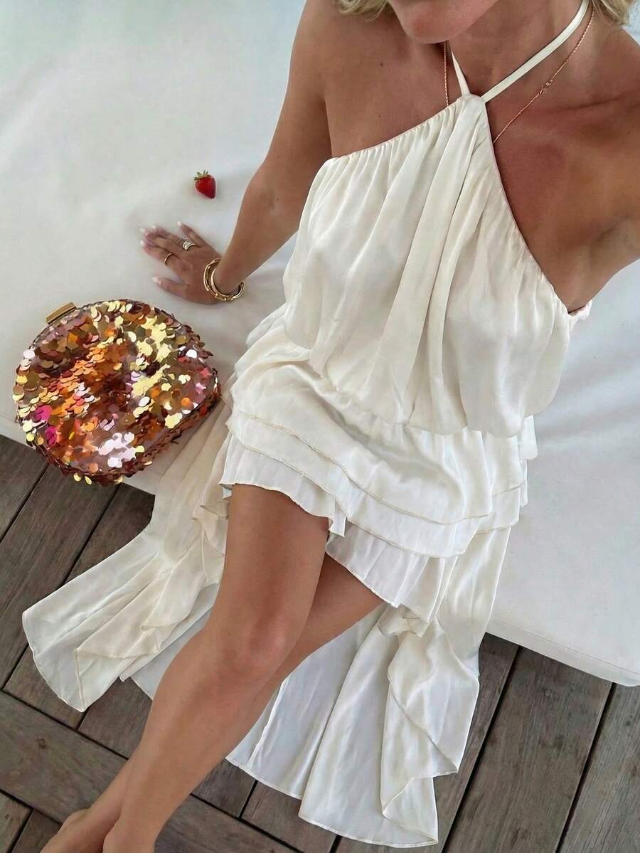 SHEIN BAE Vestido de verano elegante de unicolor para mujer, con escote halter sin espalda, parte delantera corta y parte trasera larga - Albaricoque - Ver 1