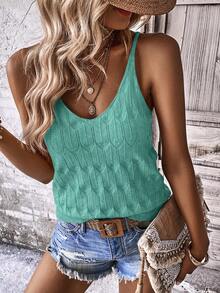 EMERY ROSE Solid Color Spaghetti Strap Sleeveless Casual Knit Top, Summer - Green - View 4