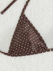 Swim Vcay New Women's Small Polka Dot Adjustable Halter Bikini Top, Triangle Bottoms And Skirt 3-Piece Swimsuit Set, Vacation Style, Women Vacation Outfit Sets, Women 3 Piece Sets Bathing Suit,Brown Polka Dot Print Bikini Swimsuit Set With Beach Skirt - Brown - View 4