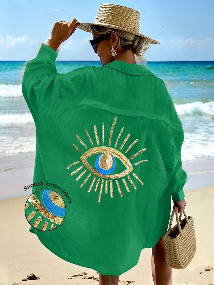 EMERY ROSE 2025 Plus Size Women Sequin Embellished Casual Shirt Dress Fall - Green - View 1