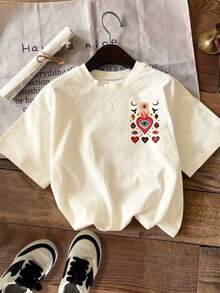 DrmWander Mysterious Evil Eye Heart T-Shirt: Bohemian Folk Art Print T-Shirt - Apricot - View 2