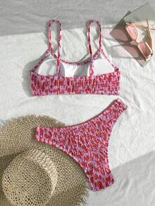 Swim Vcay Bestselling Tropical Floral Print Crinkle Halter Neck Tankini Bikini Set Set, Beach Holiday Swimwear For Swimming, Beach Party - Multicolor - View 2