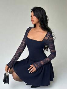 Aloruh Đầm ngắn xòe xếp ly eo, cổ vuông, phối ren dành cho nữ - Màu xanh hải quân - Xem 7