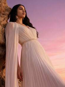 ZEYLAH 女士纯色V领褶裥披肩领优雅收腰派对连衣裙 - 白色 - 查看 8