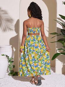 Tween Girls' Tropical Fruit Pattern Cute Lemon & Leaf Print Backless Waist Hollow Long Beach Vacation Dress - Multicolor - View 2