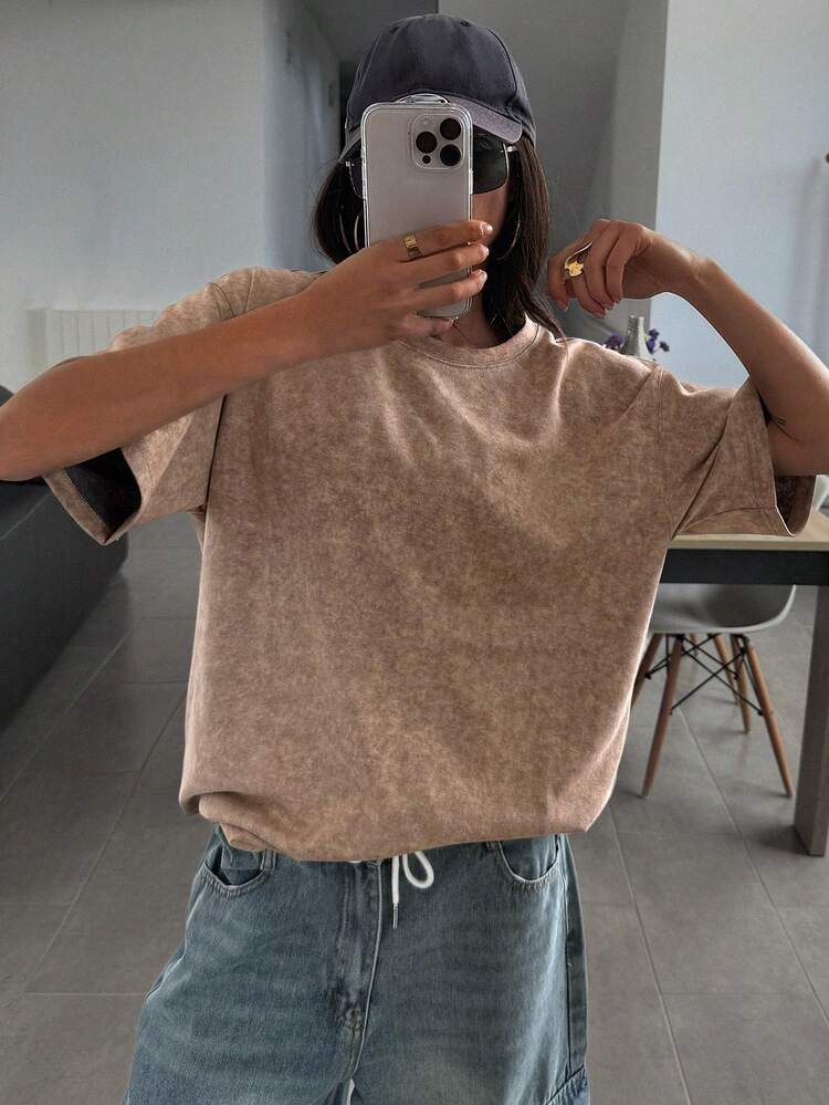 Women's Loose Fit Round Neck Cotton Short Sleeve T-Shirt, Coffee Brown Summer
