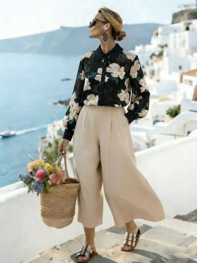 Linhara CURVE プラスサイズ カジュアル フローラル プリント ルーズ エレガントブラウス レディースシャツ