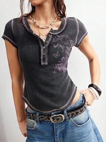 Bohemela 波西米亚风春夏女式T恤，黑色复古图案印花T恤，适合外出穿搭、休闲通勤、度假、情人节、音乐节、假日、海滩度假、返校、狂欢节、复活节、夏季、节日等各种场合，美式休闲风，Y2K风格女式休闲上衣 - 黑色 - 查看 1