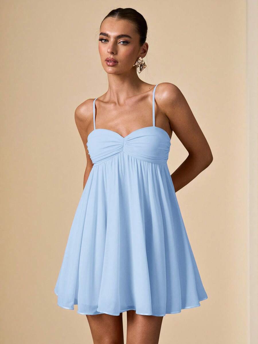 SHEIN BAE 无袖吊带纯色粉色优雅甜美可爱迷你连衣裙，适合浪漫约会、派对、正式聚会、伴娘礼服、女士夏季连衣裙、下午茶连衣裙、新年、情人节、生日迷你连衣裙、粉色连衣裙、休闲连衣裙、夏季连衣裙 - 淺藍色 - 查看 1
