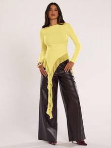 SHEIN BAE Women's Solid Color Long Sleeve Ruffle Hem Asymmetric Hem Fashionable Blouse,Summer Top - Yellow - View 4