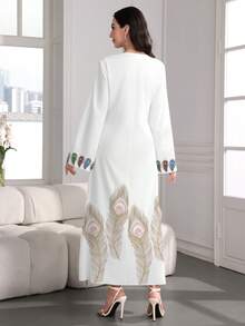 SHEIN Najma Colorful Feather & Faux Diamond Print V-Neck Flared Long Sleeve Dress, Elegant Arabic Style Maxi Dress For Spring & Autumn - Multicolor - View 2