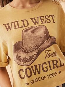 Easelle Áo thun nữ dáng rộng cổ tròn họa tiết mũ cao bồi miền Tây phong cách lễ hội âm nhạc Bohemian - Màu vàng - Xem 4