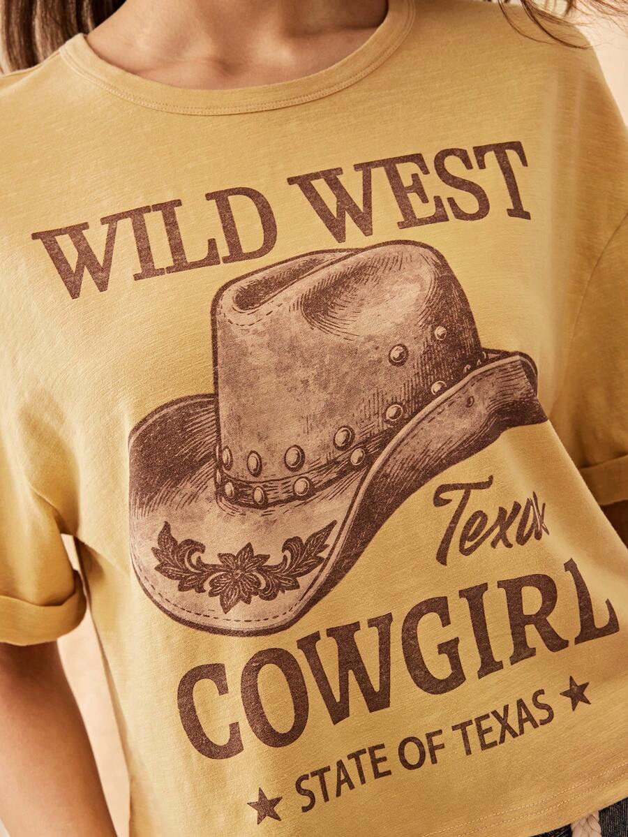 Easelle 波西米亚音乐节圆领西部帽图案宽松女式T恤 - 黃色 - 查看 1