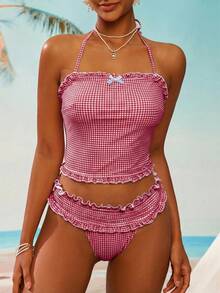 Swim Mod 女士甜美波点印花细肩带比基尼套装，可爱海滩度假装，2026新款女士泳装，适合上学、度假、约会、下午茶、西式、邮轮、海滩、海岛、公路旅行、四季皆宜、音乐节、波西米亚风度假、春夏休闲、西部波西米亚风，优雅女士泳装，活泼假日彩色印花泳装。两件式泳装，Y2K风格泳装，收腹泳装 - 紅白色 - 查看 5