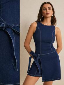 Poéselle Women's Round Neck Side Knot Asymmetric Hem Casual Sleeveless Denim Dress Women's Dress Ladies Party Dress Short Dress Sleeveless Dress - Blue - View 3