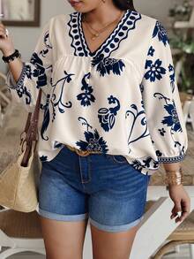 Weeklong 大码休闲印花V领灯笼袖衬衫 - 彩色 - 查看 3