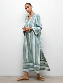 MAIJA Elegant Lace V-Neck Puff Sleeve A-Line Maxi Dress - Multicolor - View 6