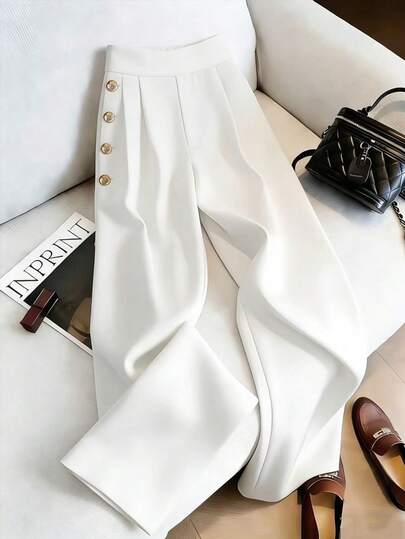 SHEIN Franclia Women's French-Style Elegant Woven Fabric, Solid White, Single Pocket With Single-Button Design, Elegant Women's Trousers, Spring/Summer Women's Trousers, Summer Outfits, Beach Outfits, Beach Trousers, Outdoor Trousers, Women's Vacation Outfits, Vacation Trousers, Women's Casual Trousers, New Spring/Summer Women's Trousers.