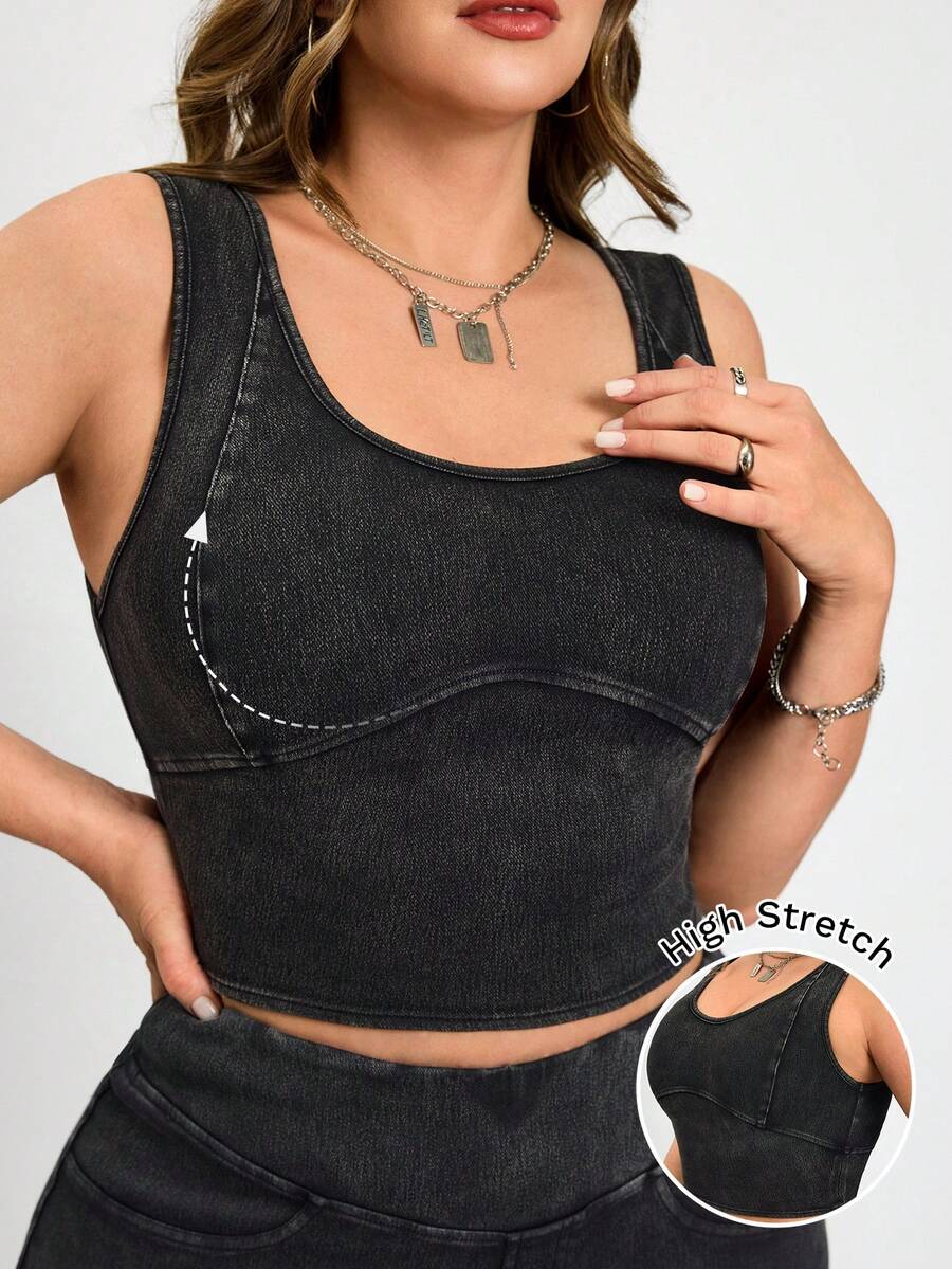 SHEIN CURVE+ 大码夏季休闲修身无袖露脐牛仔上衣,春夏皆宜,适合嘉年华、通勤、度假、毕业典礼等场合,时尚百搭,Y2K风格,可爱街头风,适合派对、婚礼、商务休闲等场合。女士无袖水洗黑色牛仔露脐吊带背心,休闲百搭。 - 黑色 - 查看 1
