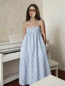 SHEIN Unity Gaun Mini Kotak-kotak Putih dan Biru Sederhana untuk Musim Panas, Tali Bahu Tipis yang Dapat Diatur, Kerah Berumbai, Cocok untuk Piknik, Gaya Vintage 90-an, Retro, Akademik, Kantor, Pesta, Pernikahan, dan Tamu. - Biru - View 7