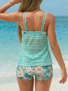 Swim Lushoire 女士沙滩装彩虹热带图案夏季套装，音乐节波西米亚风派对，露肩比基尼两件套泳衣 - 薄荷綠 - 查看 2