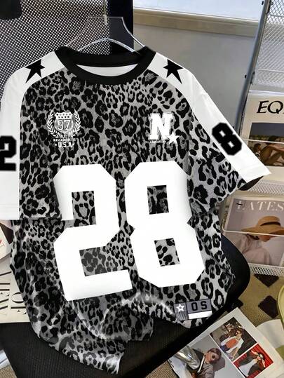 Gorące promocje na new style, street fashion retro leopard print digital print elements, star elements men plus size tops t-shirts