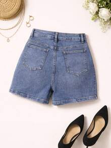 Falda-short corta de mezclilla con cerezas de pedreria - Azul lavado medio - Ver 4