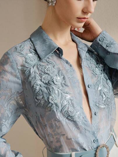 Anewsta Spring/Summer New Delicate Floral Embroidery & Beaded Decoration Symmetrical Applique Women Long Sleeve Blouse