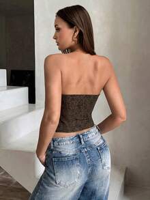 Aloruh Women's Summer New Coffee Color Elegant Sexy Fashionable Romantic Minimalist Wedding Guest Floral Patchwork Strapless Bustier,Summer Top - Coffee Brown - View 3