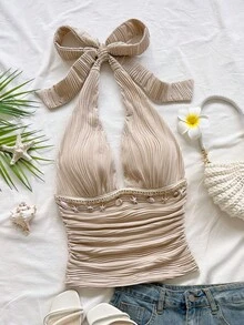 Soleia Women's Starfish Trim Textured Pleated Halter Neck Tank Top Seashell Swimsuit Ruched Swimsuit Halter Top Bathing Suit Boho Swimsuit Beige Swimsuit - Apricot - View 1