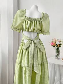 Sweetra Casual Hollow-Out Square Neck Long Cake Dress For Ladies - Green - View 2