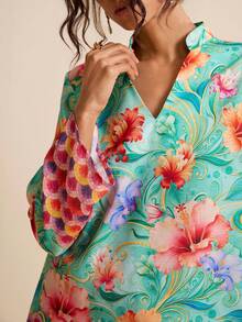 LOTSLUV 女士绿色和玫瑰红波西米亚风优雅印花宽松衬衫，春夏款 - 彩色 - 查看 4