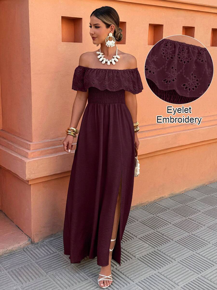 Selianne Women's Off-Shoulder Ruffle Patchwork Vacation/Casual Dress, Spring/Summer - Burgundy - View 1